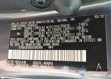 2013 Toyota Highlander Limited V6 z USA, uszkodzony, nr VIN 5TDDK3EH5DS185998